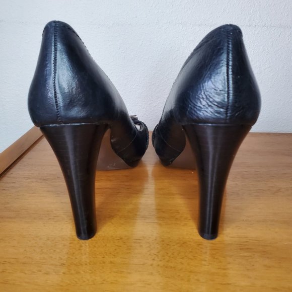 Tahari | Brigitte Black Buckle Peep Toe High Heels | Size 10 - Picture 5 of 12